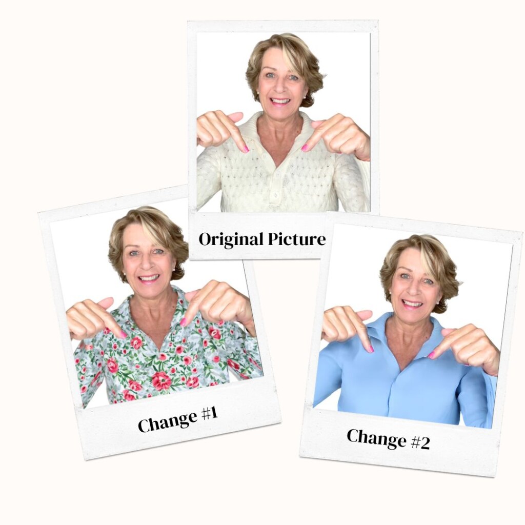  Before and after photo in Canva showing wardrobe change using editing tools for a cost-effective photoshoot